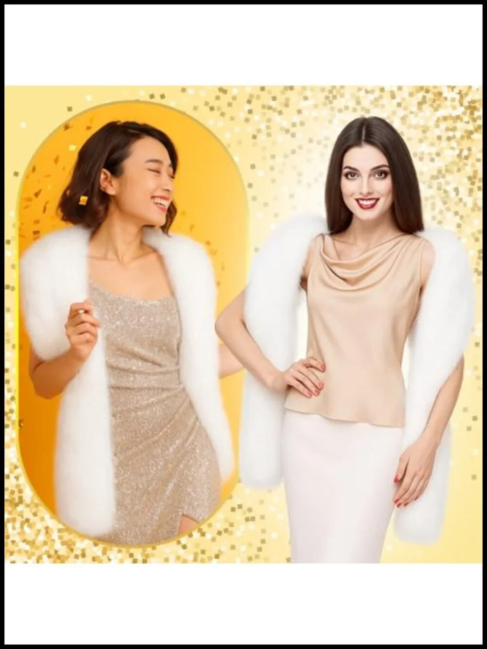 Faux Fur Collar Scarf Wrap Women Long Shawl w/ 2 Brooches Wedding